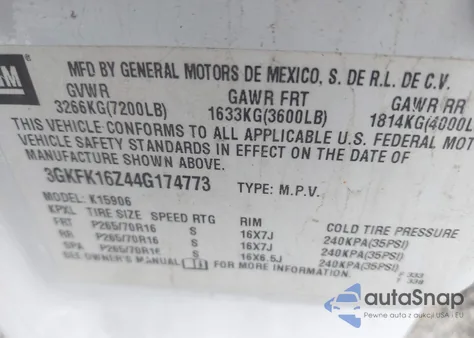 2004 GMC Yukon Xl 1500 Slt из США, поврежденный, VIN 3GKFK16Z44G174773